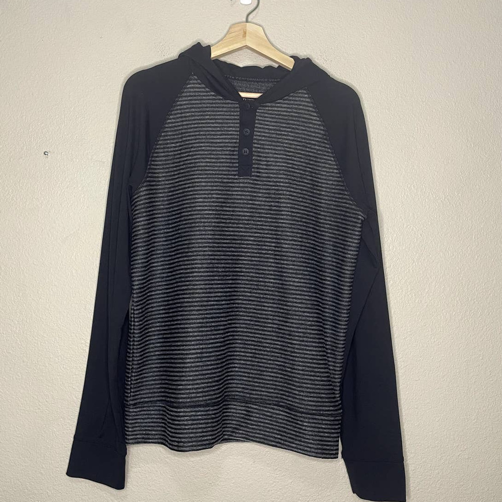 Mondetta Hoodie Sweater Mens Medium Black Gray Striped Stretch Henley Buttoned
